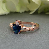 1ct Heart Cut Blue Sapphire Claddagh Design Engagement Ring 14k Rose Gold Finish