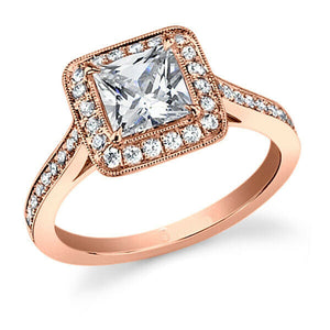 2ct Princess Cut Diamond Accent Milgrain Halo Engagement Ring 14k Rose Gold Over