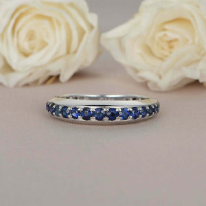 1.5ct Round Cut Blue Sapphire Wedding Band 3/4th Eternity 14k White Gold Finish