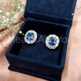 2ct Cushion Cut Simulated Blue Sapphire Halo Stud Earrings 14k White Gold Plated