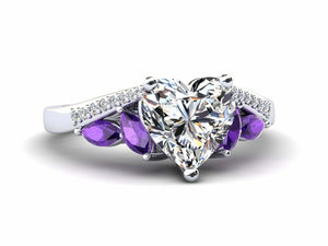 2ct Heart Diamond Art Deco Amethyst Accent Engagement Ring 14k White Gold Finish