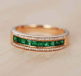 2ct Princess Green Emerald Wedding Band 3 Row Half Eternity 14k Rose Gold Finish