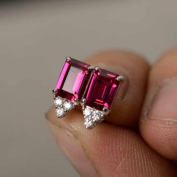 2ct Emerald Cut Pink Ruby Diamond Elegant Stud Earring 14k White Gold Finish