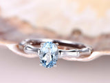 1ct Oval Cut Blue Aquamarine Bamboo Design Engagement Ring 14k White Gold Finish