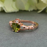 1ct Heart Cut Green Peridot Claddagh Design Engagement Ring 14k Rose Gold Finish