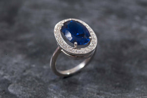 2.5ct Oval Cut Blue Sapphire Diamond Halo Engagement Ring 18k White Gold Finish