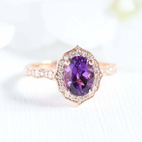 2ct Oval Cut Purple Amethyst Engagement Ring Vintage Floral 14k Rose Gold Finish