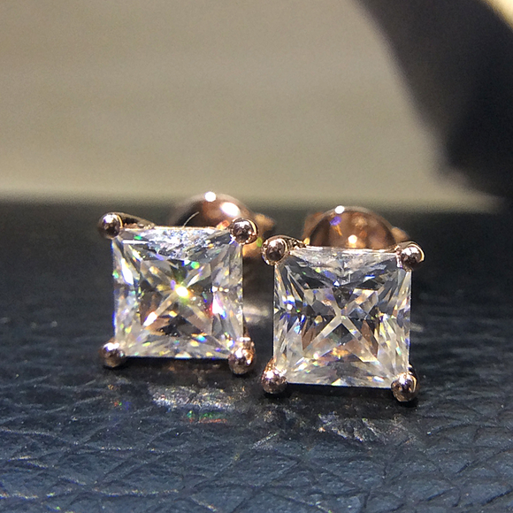 1.6ct Princess Cut VVS1D Diamond Screw Back Stud Earrings 14k Rose Gold Finish