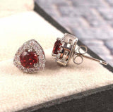 2ct Stud Earrings Round Cut Red Garnet Diamond Halo Women 14k White Gold Finish