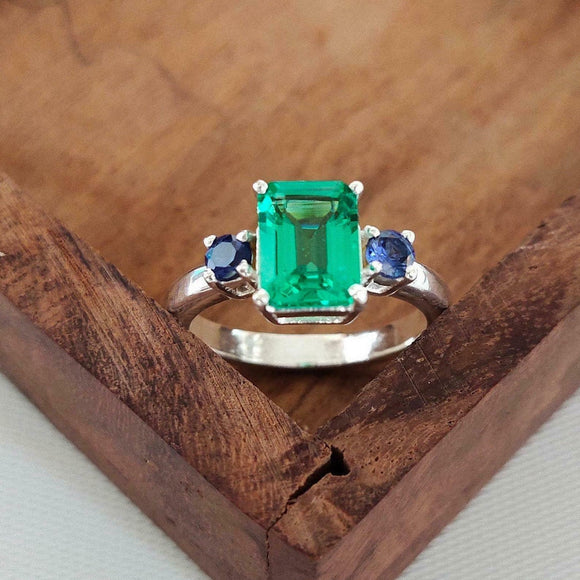 2ct Engagement Ring Green Emerald Cut Sapphire Accent Trilogy 14k WhiteGold Over