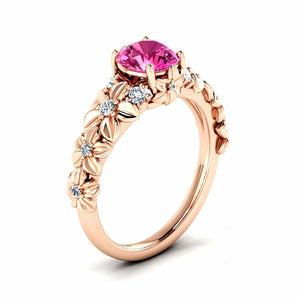 2ct Round Cut Pink Sapphire Flower Solitaire with Accent Ring 14k Rose Gold Over