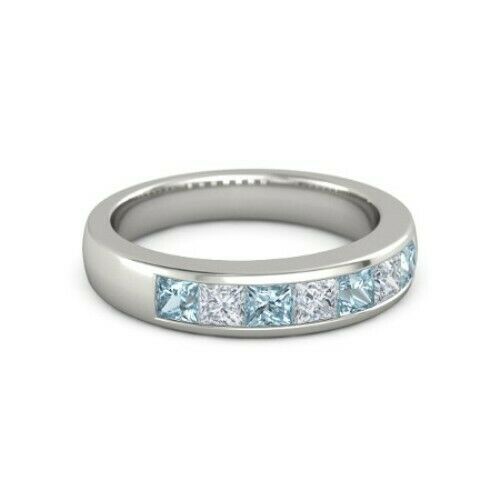 2Ct Princess Cut Blue Aquamarine Diamond Trendy Wedding Band 14K White Gold Over