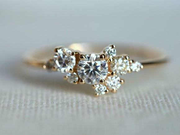 1ct Round Cut Diamond Cluster Minimalist Engagement Ring 14k Yellow Gold Finish