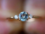 1ct Engagement Ring Round Cut Blue Aquamarine Three Stone 14k Yellow Gold Finish