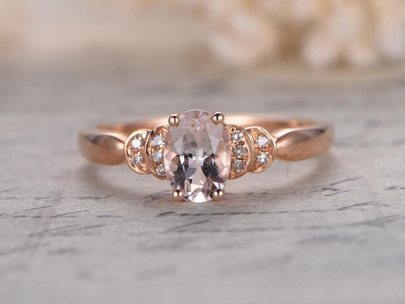 1.3ct Oval Cut Peach Morganite Diamond Accents Promise Ring 14k Rose Gold Finish