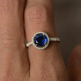 1.2ct Round Cut Blue Sapphire Engagement Ring 14k White Gold Finish Halo Women