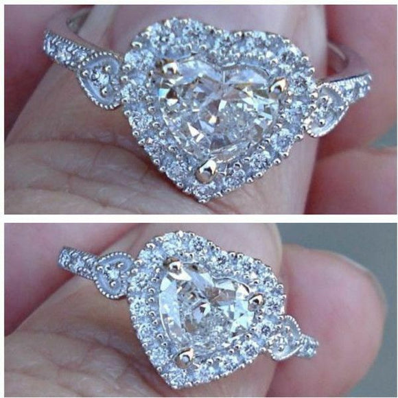 3Ct Heart Cut Diamond Halo Engagement Ring 14K White Gold Finish Round Accents