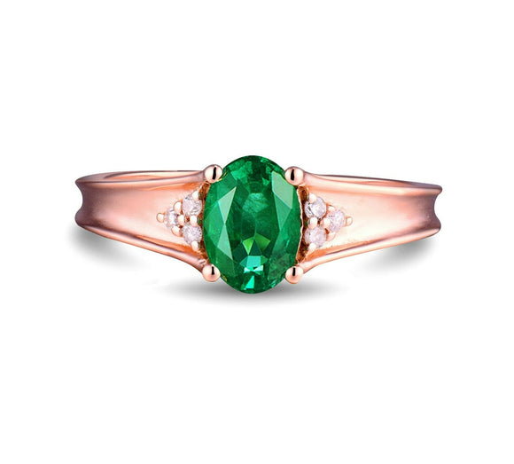 1Ct Oval Cut Green Emerald Diamond Accents Engagement Ring 14K Rose Gold Finish