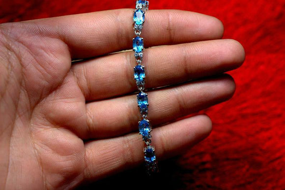 14ct Oval Cut Blue Topaz Diamond Petite Women Tennis Bracelet 14k WhiteGold Over