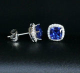 2ct Stud Earrings Cushion Cut Sapphire Diamond Halo Design 14k White Gold Finish