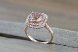 2ct Cushion Cut Peach Morganite Engagement Ring Double Halo 14k Rose Gold Finish