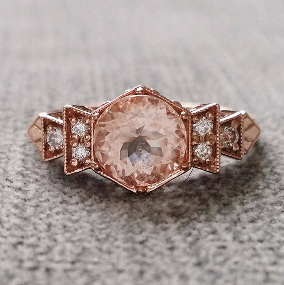 1Ct Round Cut Peach Morganite Antique Vintage Engagement Ring 14K Rose Gold Over