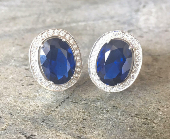 2ct Stud Earrings Oval Cut Blue Sapphire Diamond Halo Design 14k White Gold Over