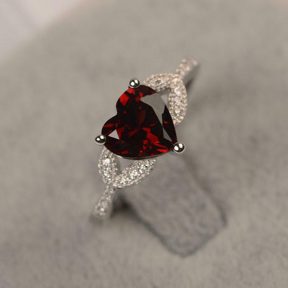 1.8ct Heart Cut Red Garnet Engagement Ring Leaf Accent 14k White Gold Finish