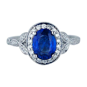 2ct Oval Cut Blue Sapphire Engagement Ring Halo Milgrain 14k White Gold Finish