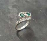 2ct Engagement Ring Round Cut Green Emerald Two Stone Swirl 14k WhiteGold Finish