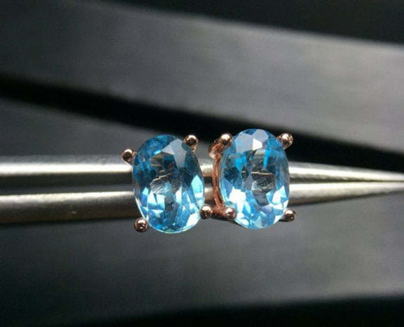 2.3ct Stud Earrings Oval Cut Blue Topaz Solitaire Design 14k Rose Gold Finish