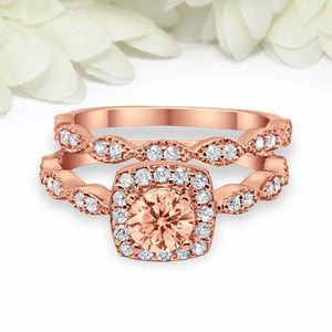 2.5ct Round Peach Morganite Engagement Ring Bridal Set Halo 14k Rose Gold Finish