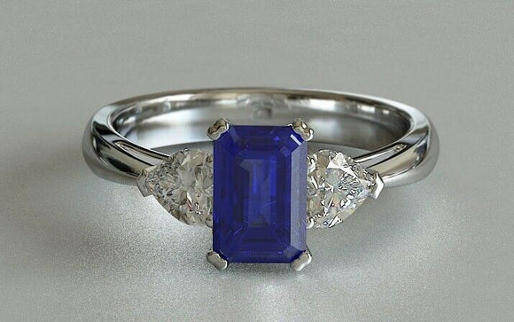 2ct Emerald Cut Blue Sapphire Engagement Ring Diamond Accent 14k White Gold Over