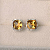 2ct Cushion Cut Yellow Citrine Diamond Halo Stud Earrings 14k White Gold Finish