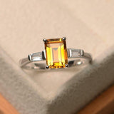 2ct Emerald Cut Yellow Citrine Engagement Ring Three Stone 14k White Gold Finish