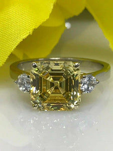 1.3ct Asscher Cut Yellow Sapphire 3 Stone Engagement Ring 14k White Gold Finish