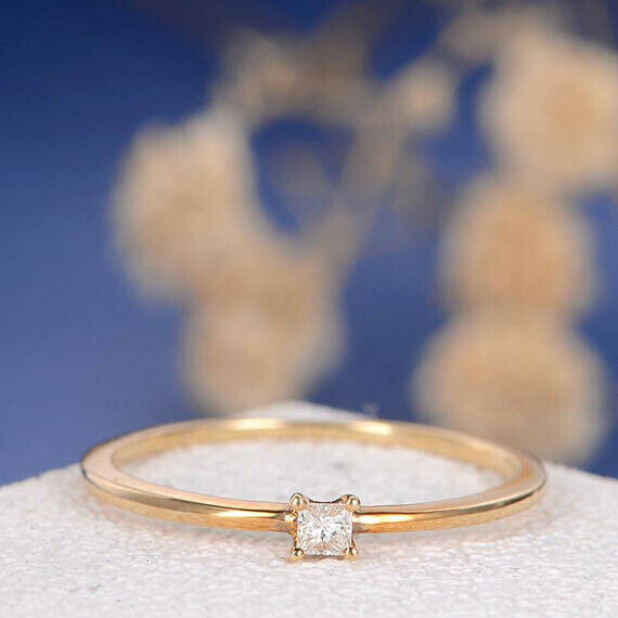 0.3ct Princess Cut Diamond Engagement Ring Dainty Minimalist 14k YellowGold Over