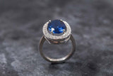 2.5ct Oval Cut Blue Sapphire Diamond Halo Engagement Ring 18k White Gold Finish