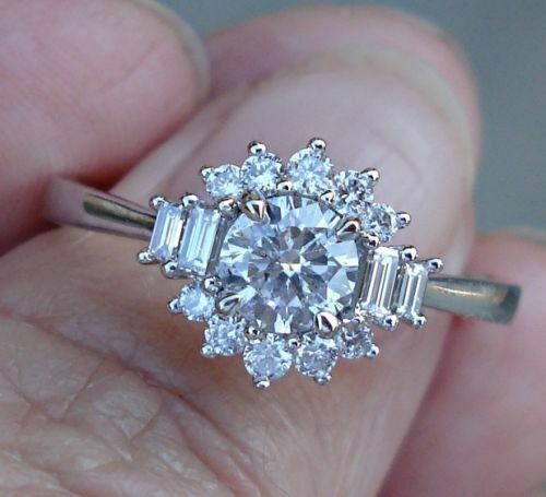 3Ct Round Cut Diamond Baguette Accent Halo Engagement Ring 14K White Gold Finish