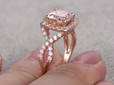 2.5ct Cushion Cut Morganite Infinity Band Halo Engagement Ring 14k RoseGold Over