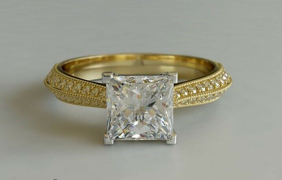 2ct Princess Cut Diamond Engagement Ring Milgrain Solitaire 14k Yellow Gold Over