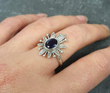 1ct Engagement Ring Oval Cut Blue Sapphire Leaf Floral 14k White Gold Finish