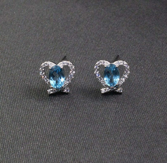 1.6ct Stud Earrings Oval Cut Blue Topaz Heart Knot Design 14k White Gold Finish