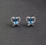 1.6ct Stud Earrings Oval Cut Blue Topaz Heart Knot Design 14k White Gold Finish