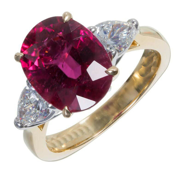 4ct Oval Cut Pink Ruby Engagement Ring Trilogy Pear Accent 14k YellowGold Finish