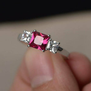 1.5ct Princess Cut Pink Ruby Engagement Ring 14k WhiteGold Finish Unique Trilogy