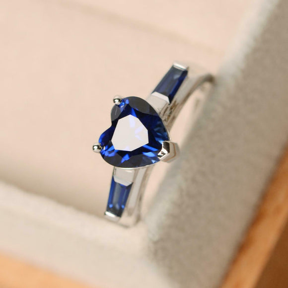 1.65ct Engagement Ring Heart Cut Blue Sapphire Trilogy 14k White Gold Finish