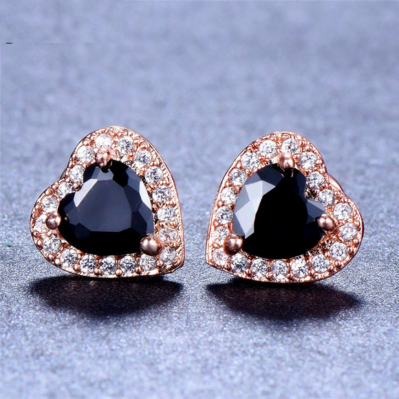 2ct Heart Cut Black Diamond Halo Heart Shape Stud Earrings 14k Rose Gold Finish