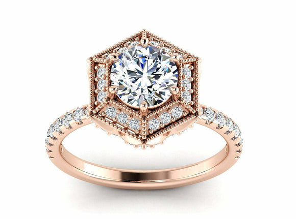 Halo Solitaire with Accents Ring 2.3ct Round Cut Diamond 14k Rose Gold Finish