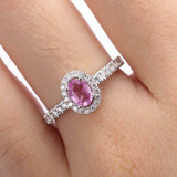 2ct Oval Cut Pink Sapphire Halo Solitaire Engagement Ring 14k White Gold Finish